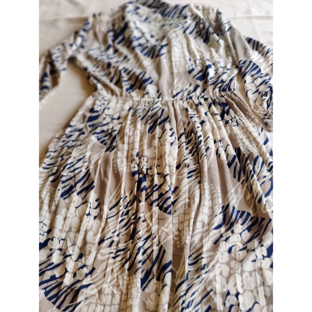 Vintage Schrader Sport Abstract Print Pleated Midi Dress Navy Tan Size 12 80s - Picture 3 of 5